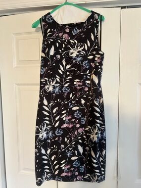 Ivanka Trump Black Floral Sheath Midi Dress with Blue and Pink Blossoms